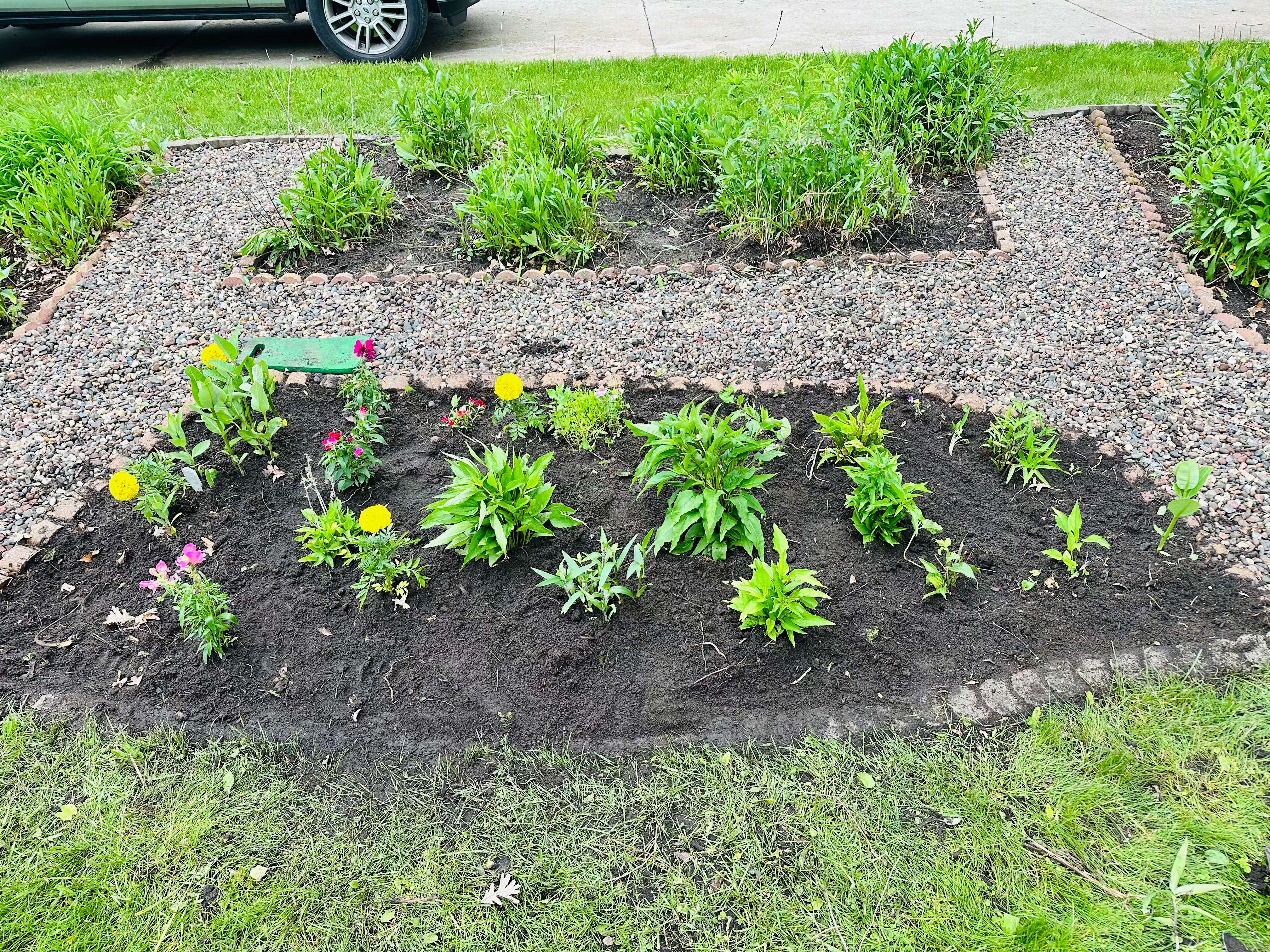 After: Garden bed cleared, with fresh soil and new plants